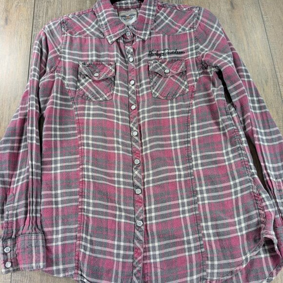 Harley Davidson Top Womens Medium Pink Plaid Snap Button Long Sleeve Bikercore - Picture 3 of 9